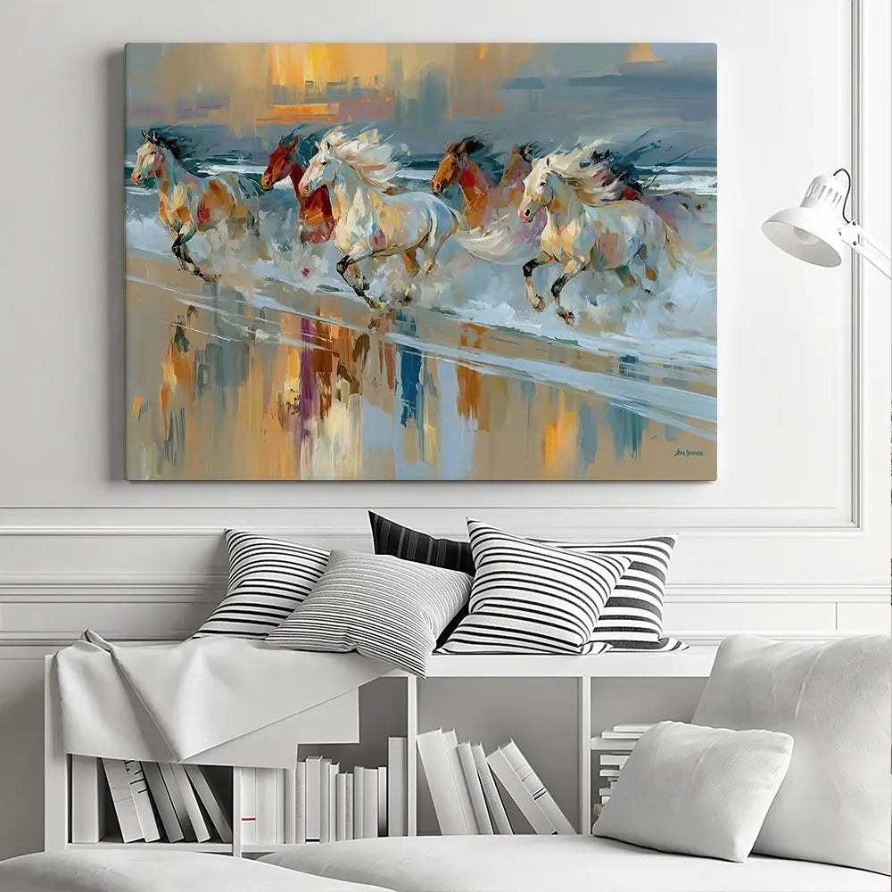 Horses Galloping On The Beach At Sunset Canvas Print Horses Galloping On The Beach At Sunset Canvas Print wall art product Leon Devenice