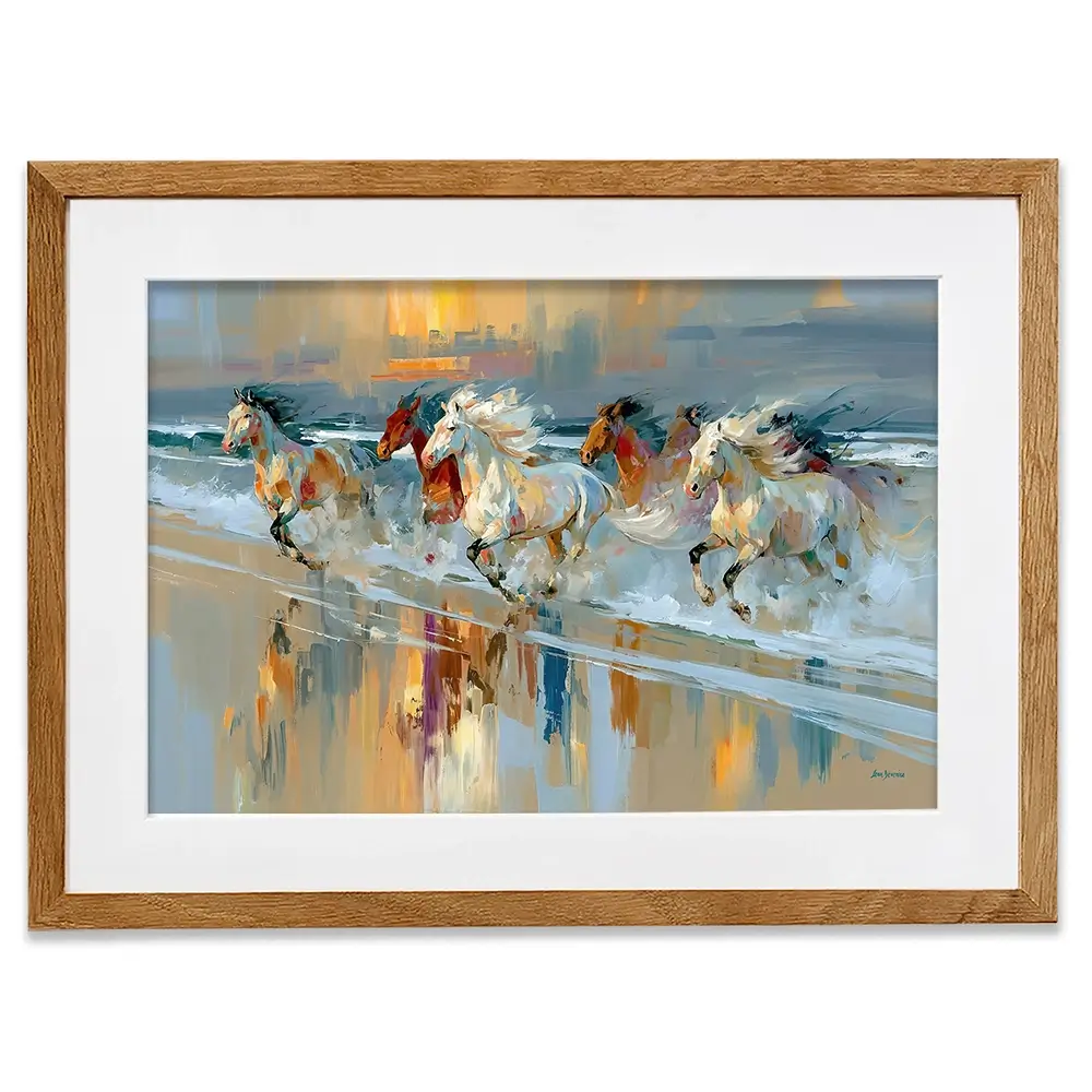 Horses Galloping On The Beach At Sunset Framed Art Print Horses Galloping On The Beach At Sunset Framed Art Print wall art product Leon Devenice