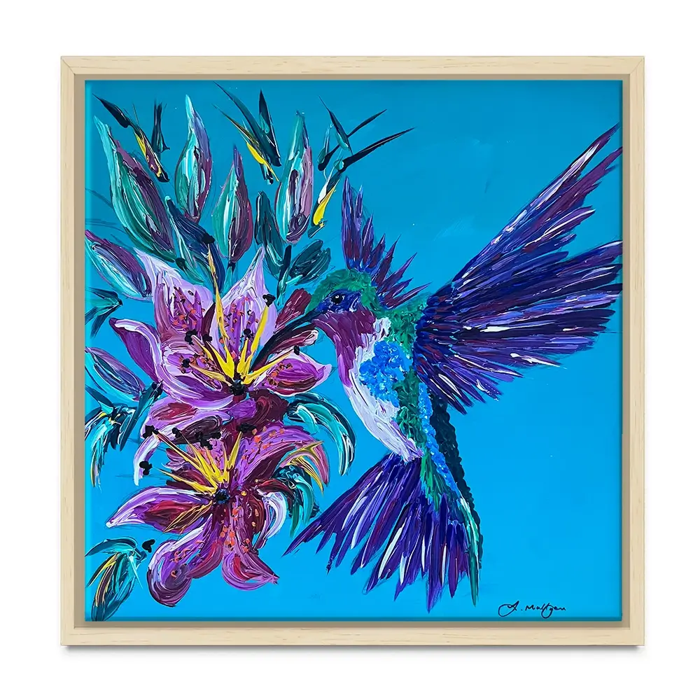Hummingbirds Kiss Square Canvas Print Hummingbirds Kiss Square Canvas Print wall art product Jo Mulligan