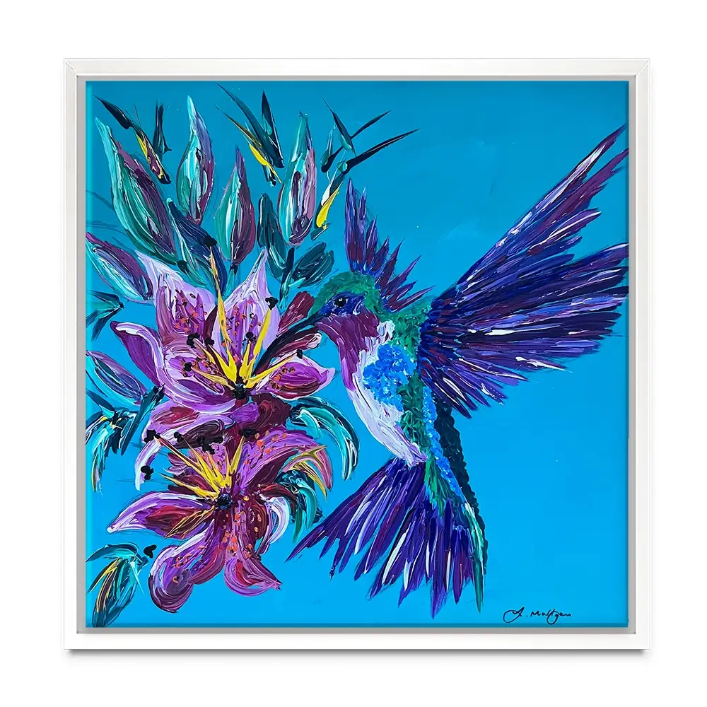 Hummingbirds Kiss Square Canvas Print Hummingbirds Kiss Square Canvas Print wall art product Jo Mulligan