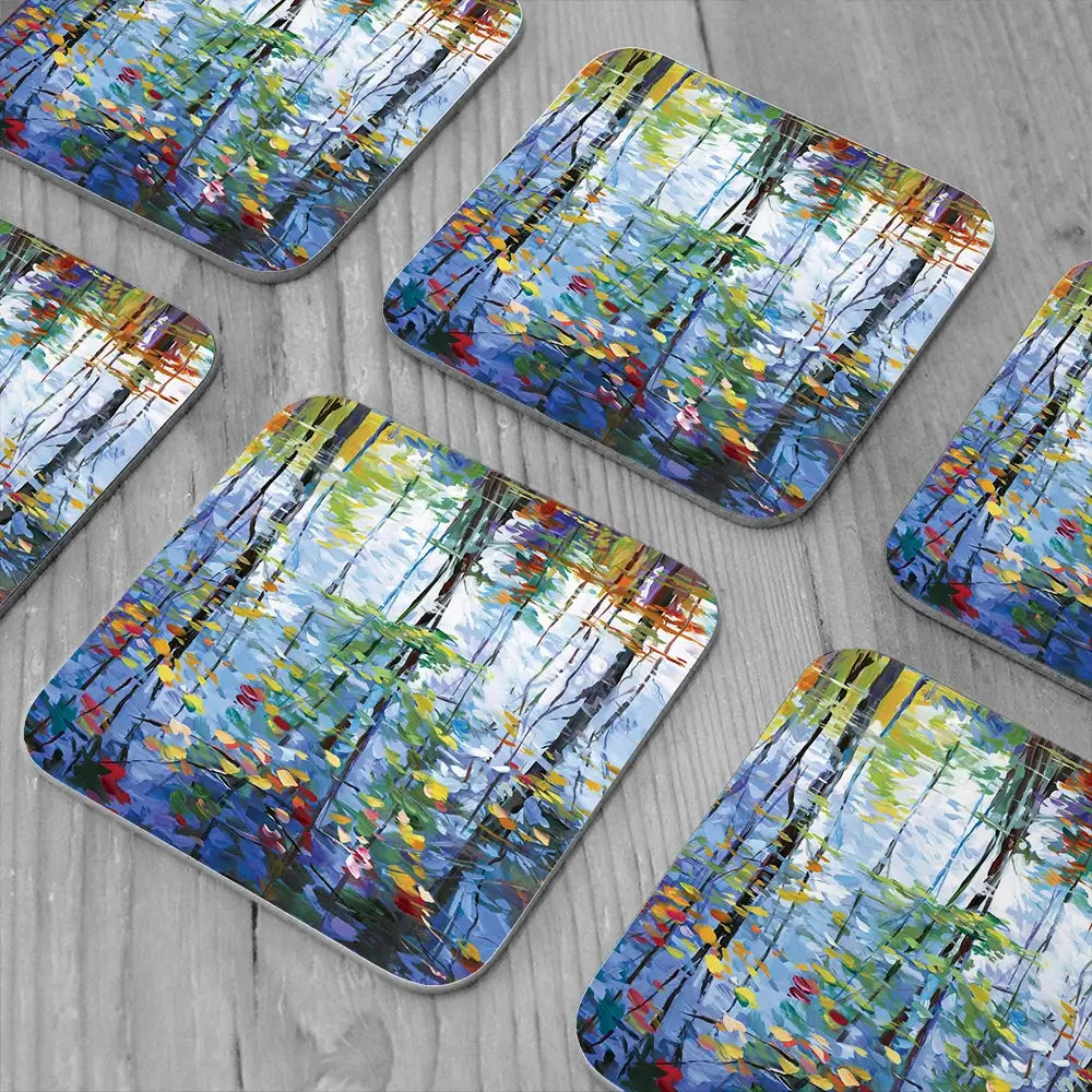 Impressionistic Reflection Of Autumn Trees And Leaves On Water Coaster Set Impressionistic Reflection Of Autumn Trees And Leaves On Water Coaster Set wall art product Leon Devenice