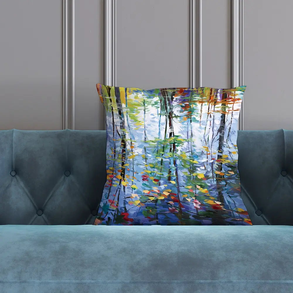 Impressionistic Reflection Of Autumn Trees And Leaves On Water Cushion Impressionistic Reflection Of Autumn Trees And Leaves On Water Cushion wall art product Leon Devenice
