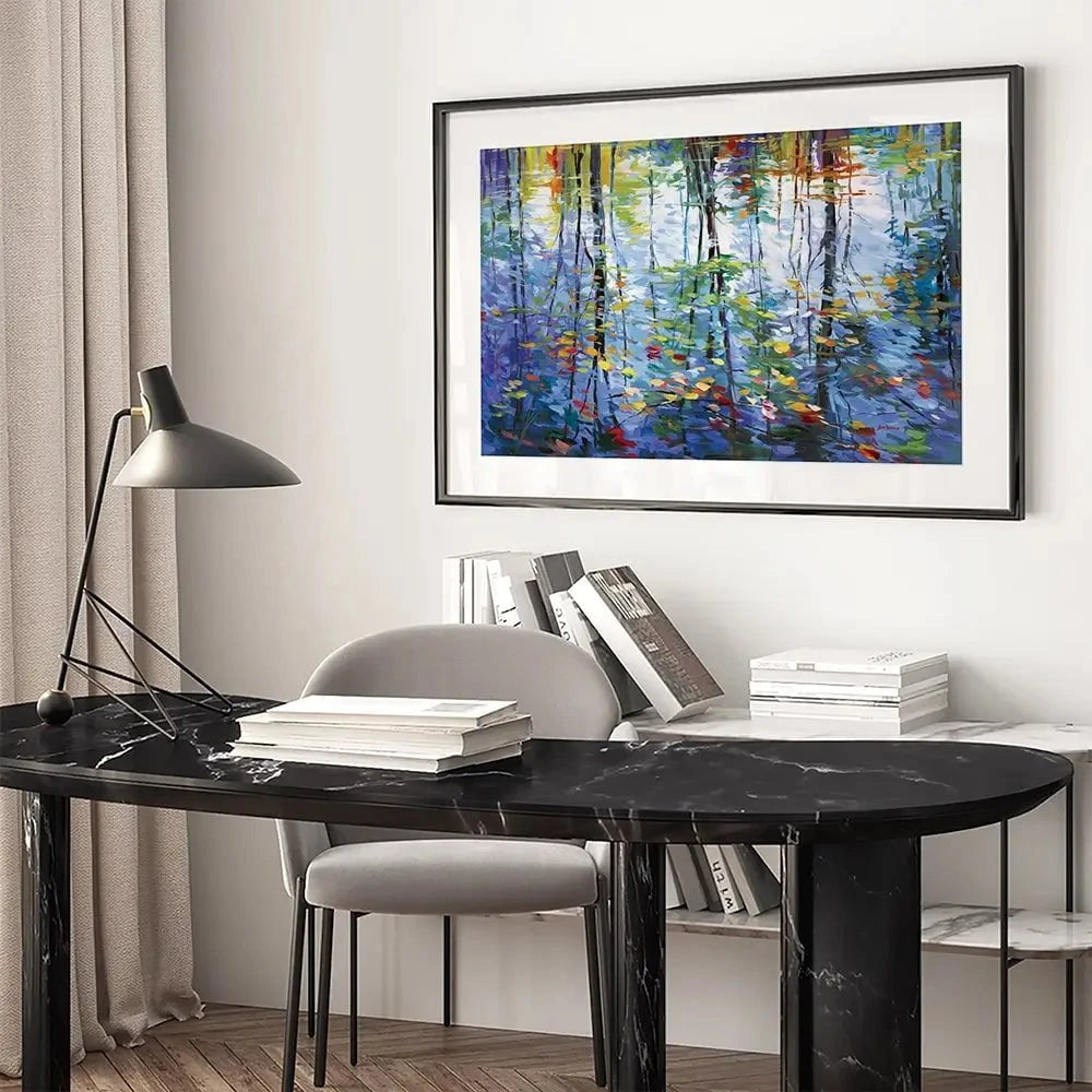 Impressionistic Reflection Of Autumn Trees And Leaves On Water Framed Art Print Impressionistic Reflection Of Autumn Trees And Leaves On Water Framed Art Print wall art product Leon Devenice