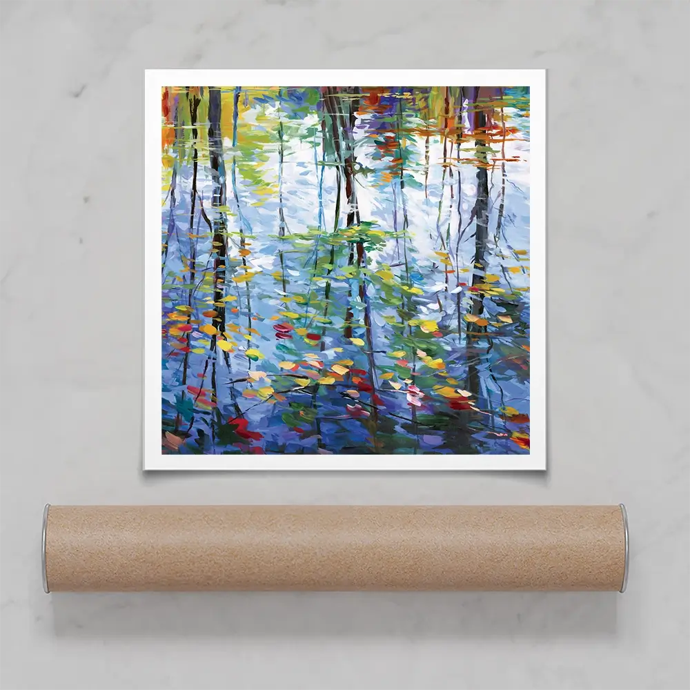 Impressionistic Reflection Of Autumn Trees And Leaves On Water Square Art Print Impressionistic Reflection Of Autumn Trees And Leaves On Water Square Art Print wall art product Leon Devenice