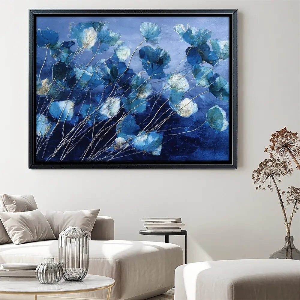 Indigo Flowers With Gold Lines Canvas Print Indigo Flowers With Gold Lines Canvas Print wall art product Chromatic Storm Studio