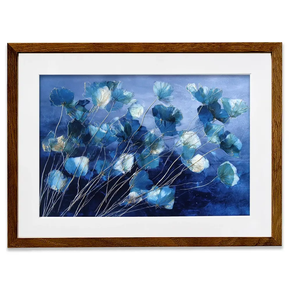 Indigo Flowers With Gold Lines Framed Art Print Indigo Flowers With Gold Lines Framed Art Print wall art product Chromatic Storm Studio