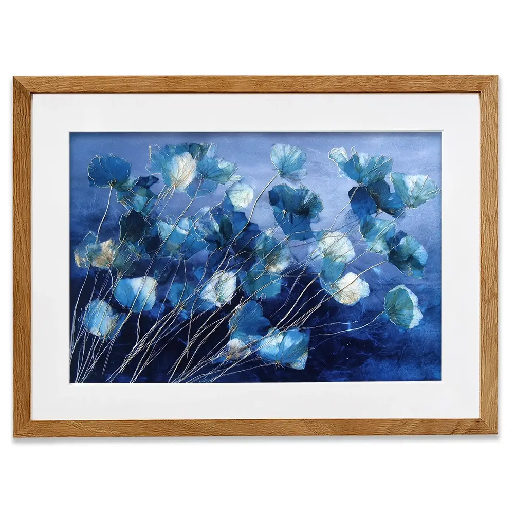 Indigo Flowers With Gold Lines Framed Art Print Indigo Flowers With Gold Lines Framed Art Print wall art product Chromatic Storm Studio