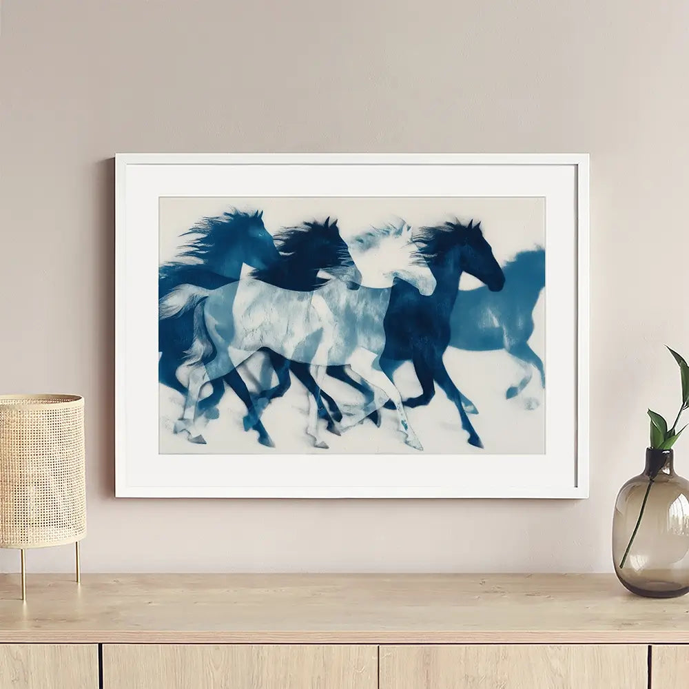 Indigo Running Horses Framed Art Print Indigo Running Horses Framed Art Print wall art product Chromatic Storm Studio