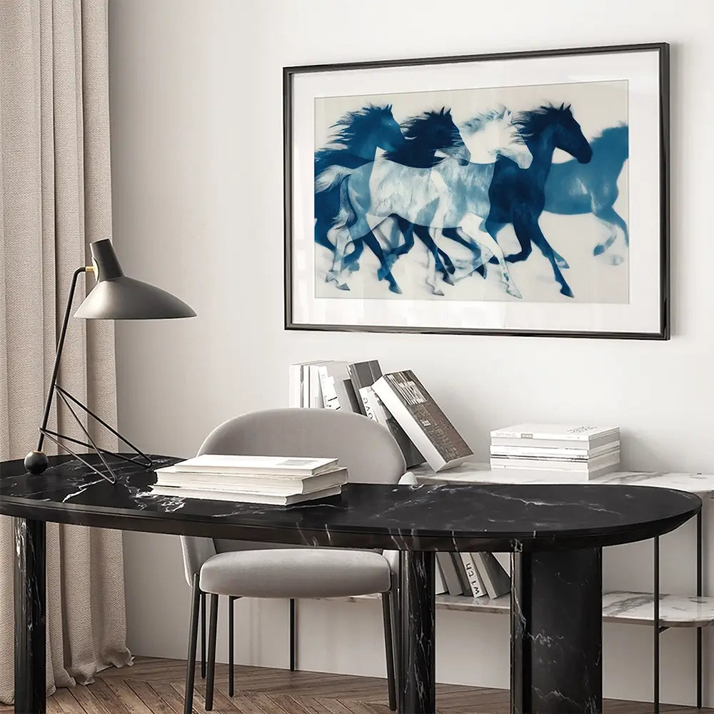 Indigo Running Horses Framed Art Print Indigo Running Horses Framed Art Print wall art product Chromatic Storm Studio