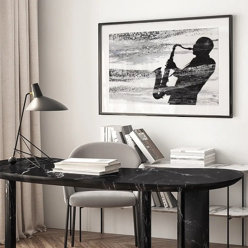 Jazz Silhouette Framed Art Print Jazz Silhouette Framed Art Print wall art product Chromatic Storm Studio