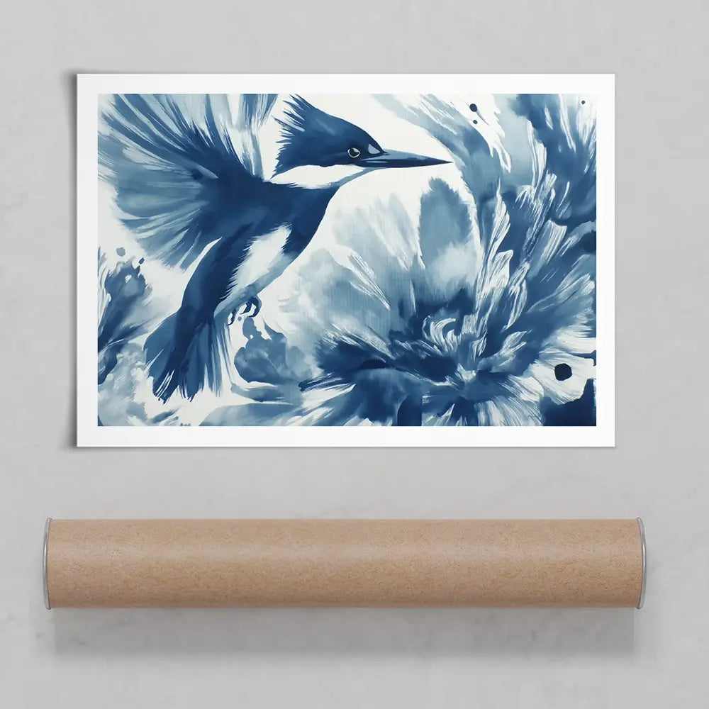 Kingfisher In Motion Indigo Wash Art Print Kingfisher In Motion Indigo Wash Art Print wall art product Chromatic Storm Studio