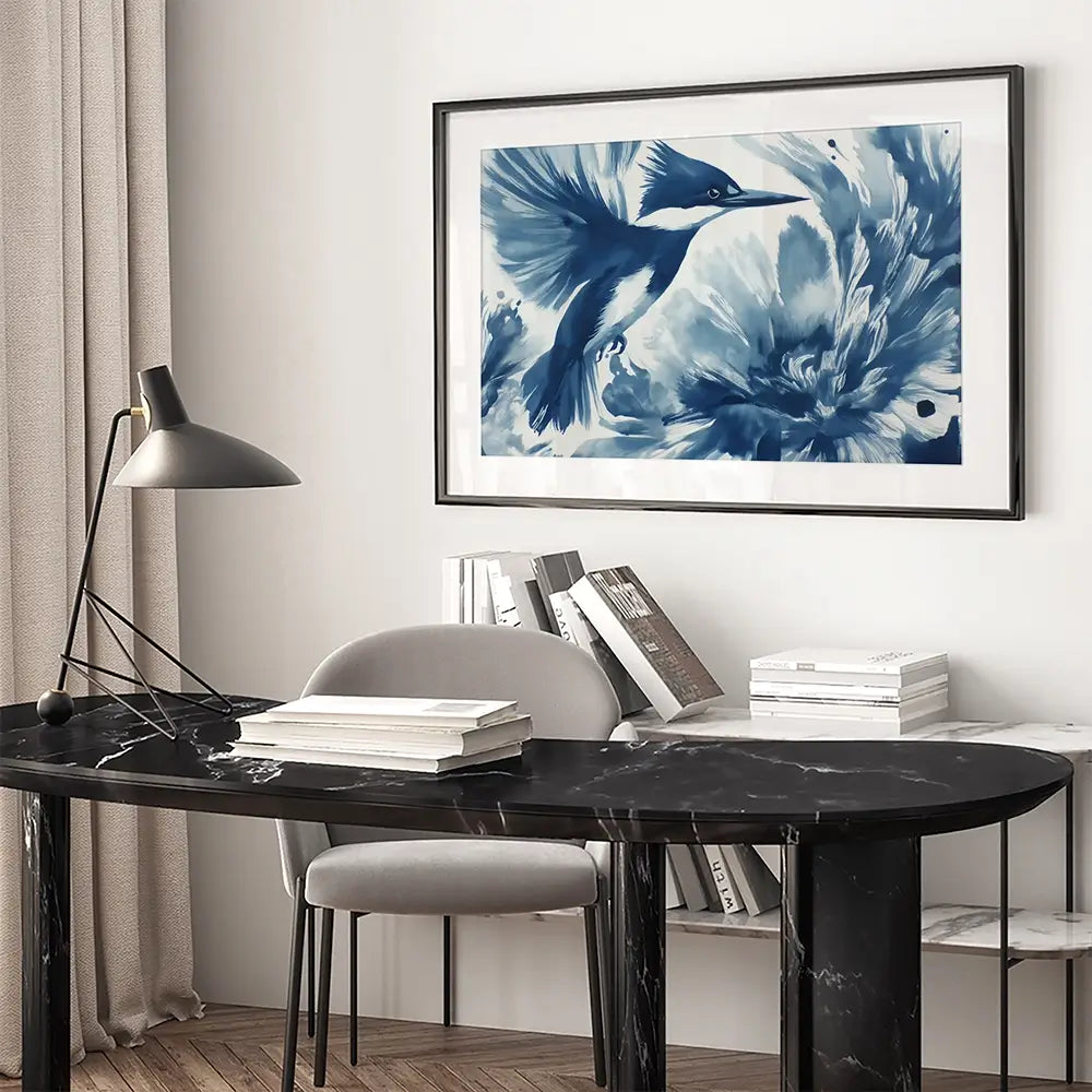 Kingfisher In Motion Indigo Wash Framed Art Print Kingfisher In Motion Indigo Wash Framed Art Print wall art product Chromatic Storm Studio