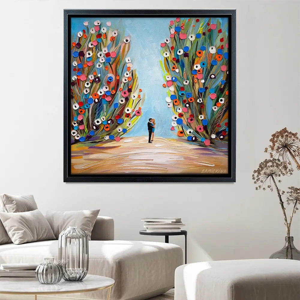Kiss In The Blooming Garden Square Canvas Print Kiss In The Blooming Garden Square Canvas Print wall art product Ekaterina Ermilkina