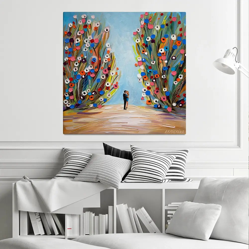 Kiss In The Blooming Garden Square Canvas Print Kiss In The Blooming Garden Square Canvas Print wall art product Ekaterina Ermilkina