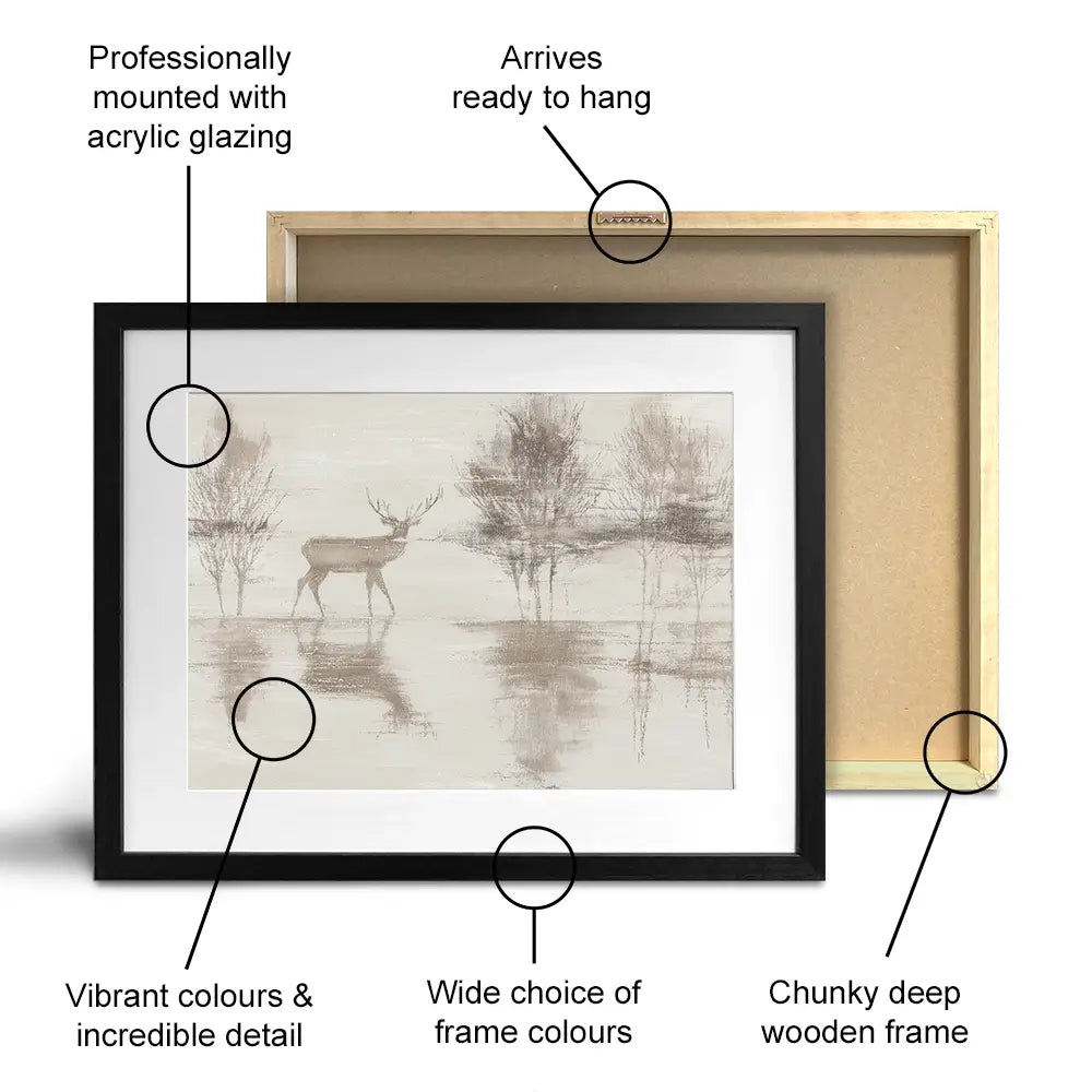 Lake Stag Reflection Framed Art Print Lake Stag Reflection Framed Art Print wall art product Chromatic Storm Studio