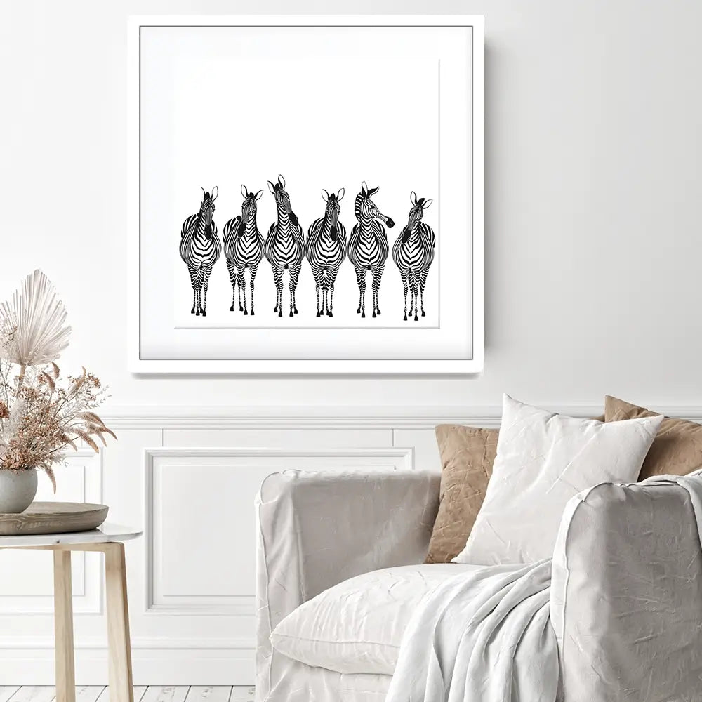 Line Of Zebras Square Framed Art Print Line Of Zebras Square Framed Art Print wall art product Art Print Shop