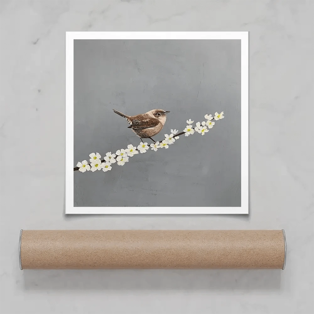 Little Wren On Cherry Blossom Square Art Print Little Wren On Cherry Blossom Square Art Print wall art product Laure Bury