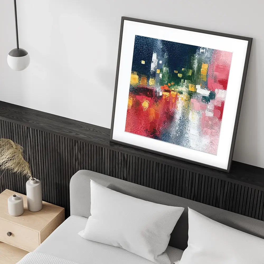 London Rain Through Glass Square Framed Art Print London Rain Through Glass Square Framed Art Print wall art product Chromatic Storm Studio
