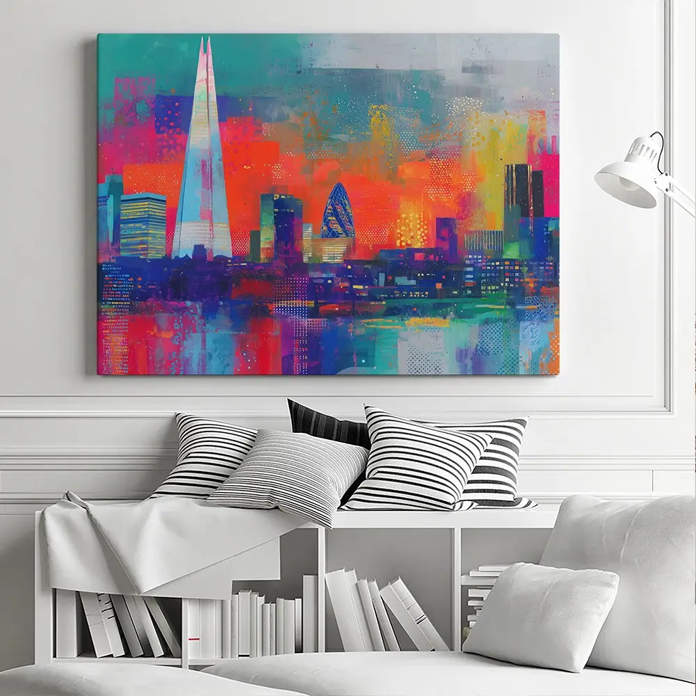 London Skyline In Neon Canvas Print London Skyline In Neon Canvas Print wall art product Chromatic Storm Studio