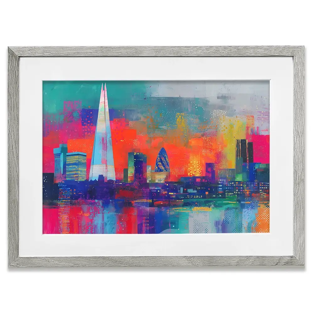 London Skyline In Neon Framed Art Print London Skyline In Neon Framed Art Print wall art product Chromatic Storm Studio