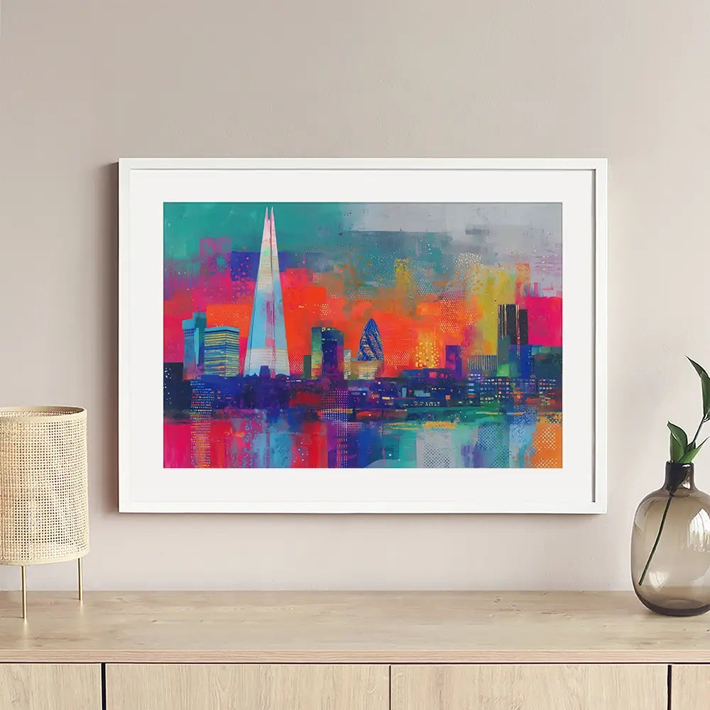 London Skyline In Neon Framed Art Print London Skyline In Neon Framed Art Print wall art product Chromatic Storm Studio