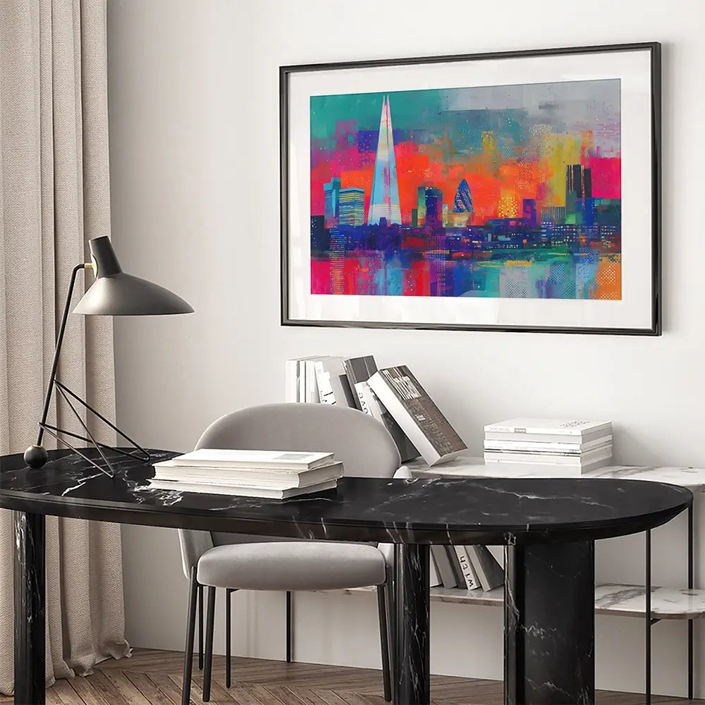 London Skyline In Neon Framed Art Print London Skyline In Neon Framed Art Print wall art product Chromatic Storm Studio