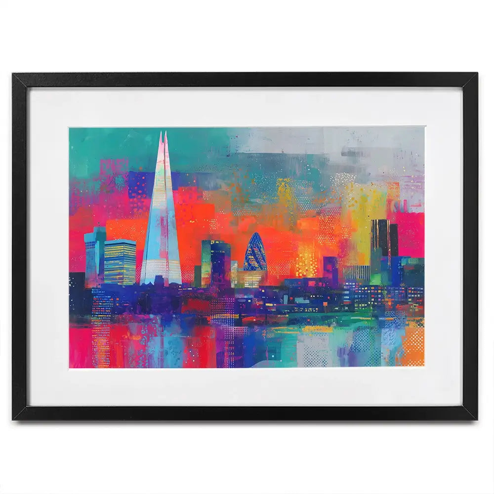 London Skyline In Neon Framed Art Print London Skyline In Neon Framed Art Print wall art product Chromatic Storm Studio