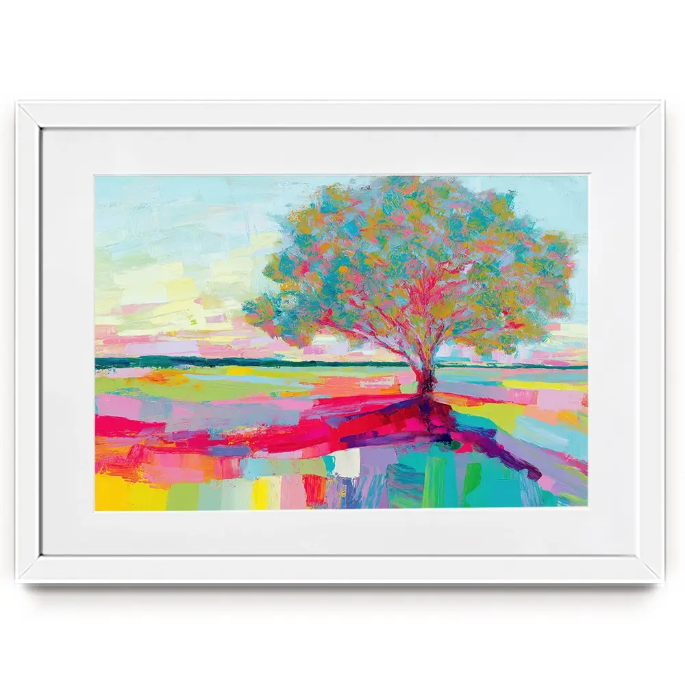 Lone Oak In A Vivid Field Framed Art Print Lone Oak In A Vivid Field Framed Art Print wall art product Chromatic Storm Studio