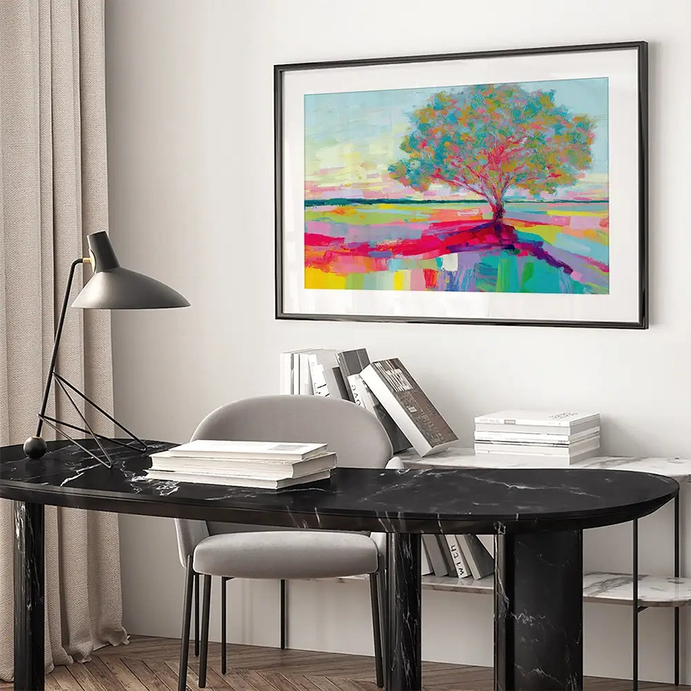 Lone Oak In A Vivid Field Framed Art Print Lone Oak In A Vivid Field Framed Art Print wall art product Chromatic Storm Studio