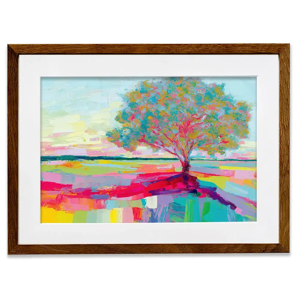 Lone Oak In A Vivid Field Framed Art Print Lone Oak In A Vivid Field Framed Art Print wall art product Chromatic Storm Studio
