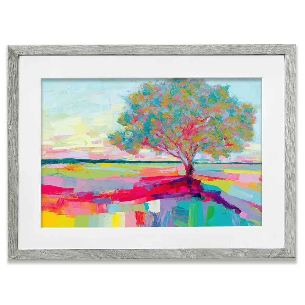 Lone Oak In A Vivid Field Framed Art Print Lone Oak In A Vivid Field Framed Art Print wall art product Chromatic Storm Studio