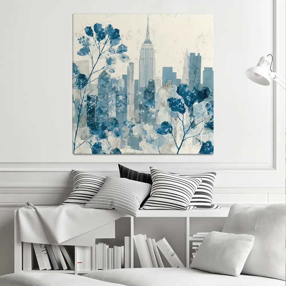 Manhattan Skyline With Blossoms Square Canvas Print Manhattan Skyline With Blossoms Square Canvas Print wall art product Chromatic Storm Studio