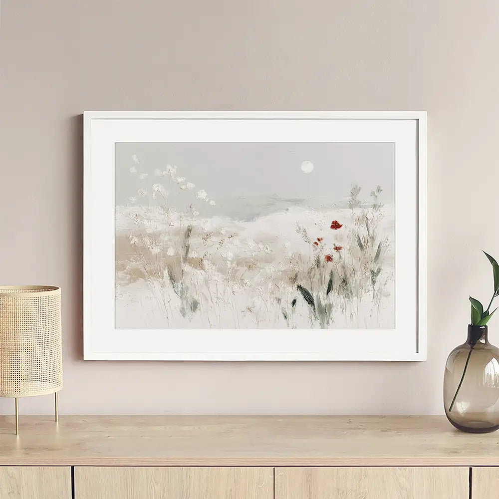 Meadow With Pale Moon Framed Art Print Meadow With Pale Moon Framed Art Print wall art product Chromatic Storm Studio