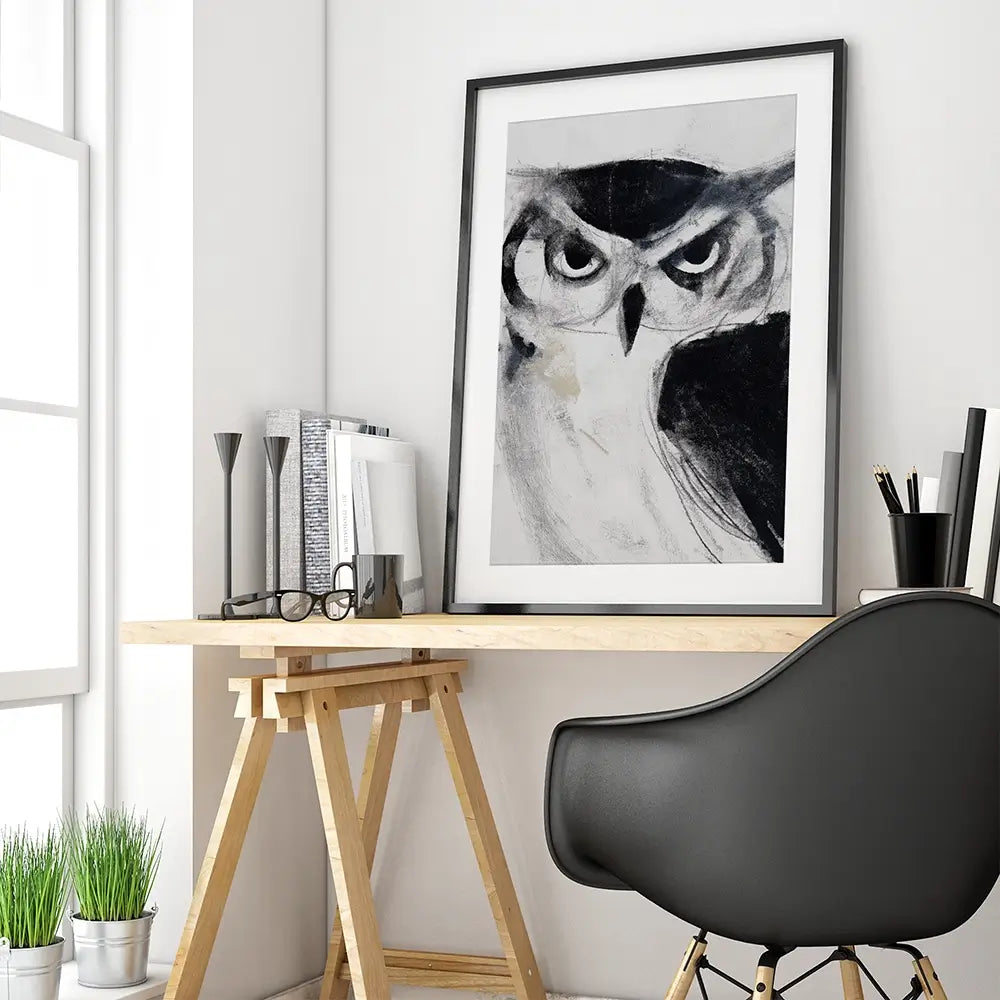 Midnight Owl Gaze Framed Art Print Midnight Owl Gaze Framed Art Print wall art product Chromatic Storm Studio