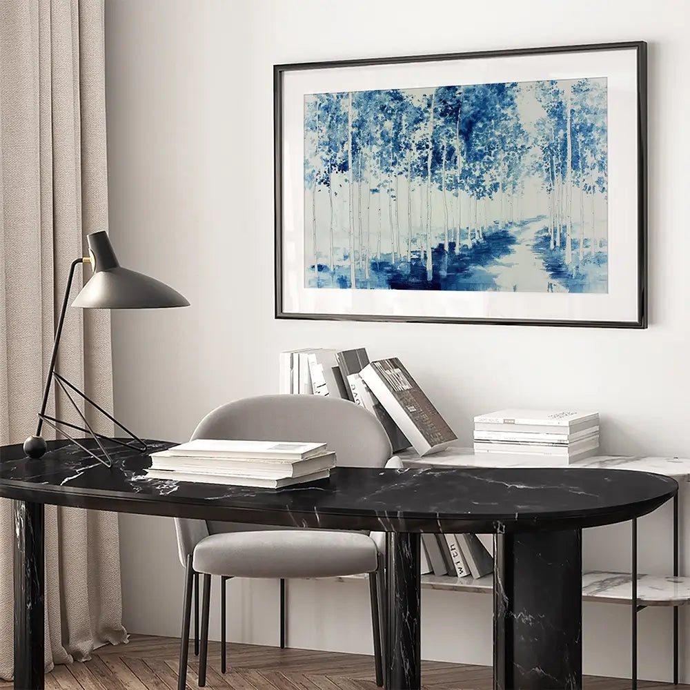 Misty Birch Forest Path Framed Art Print Misty Birch Forest Path Framed Art Print wall art product Chromatic Storm Studio
