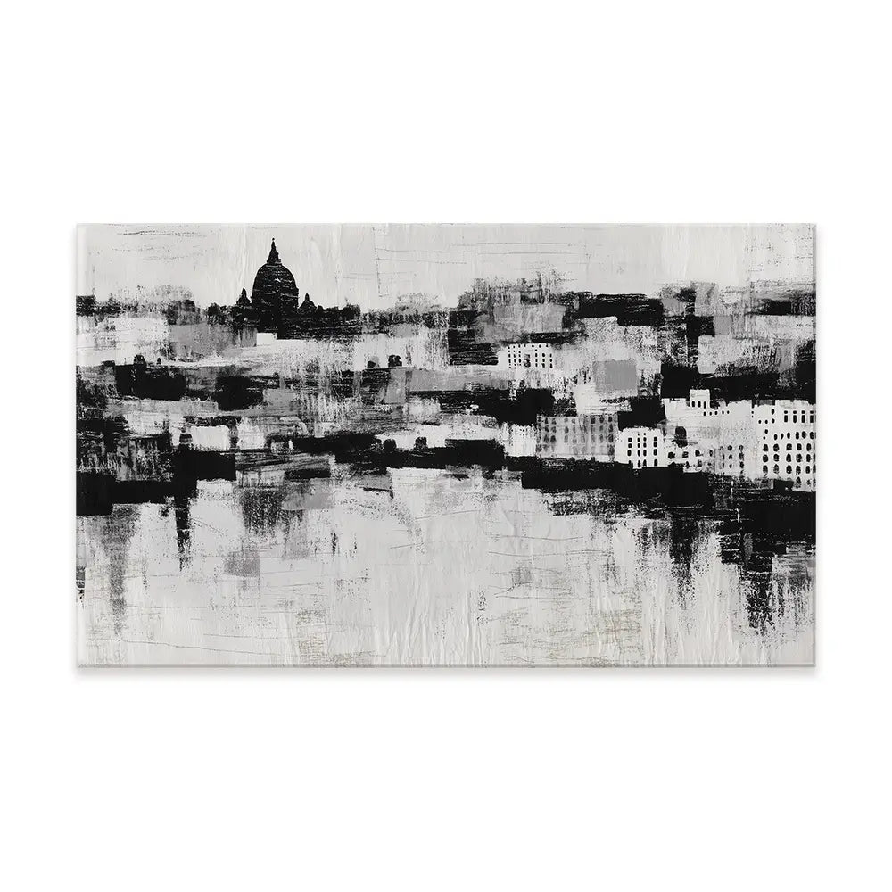 Misty Canal Skyline Canvas Print Misty Canal Skyline Canvas Print wall art product Chromatic Storm Studio