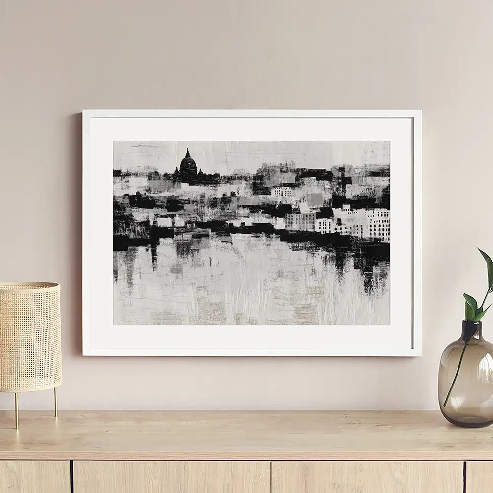 Misty Canal Skyline Framed Art Print Misty Canal Skyline Framed Art Print wall art product Chromatic Storm Studio