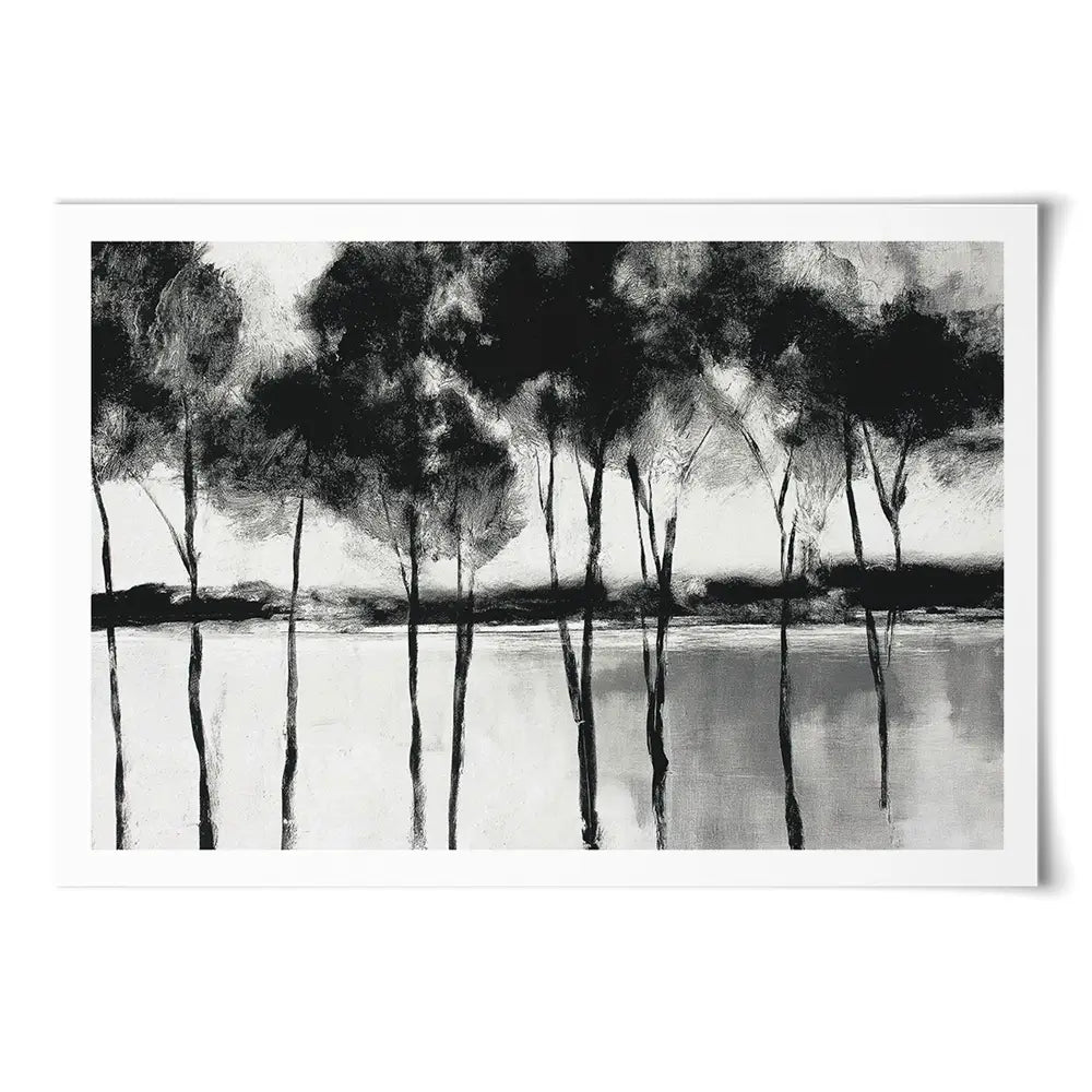 Misty Lakeside Trees Art Print Misty Lakeside Trees Art Print wall art product Chromatic Storm Studio