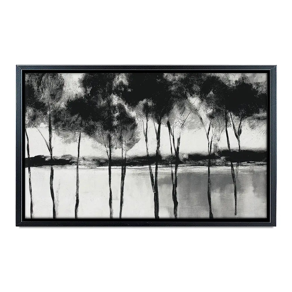 Misty Lakeside Trees Canvas Print Misty Lakeside Trees Canvas Print wall art product Chromatic Storm Studio