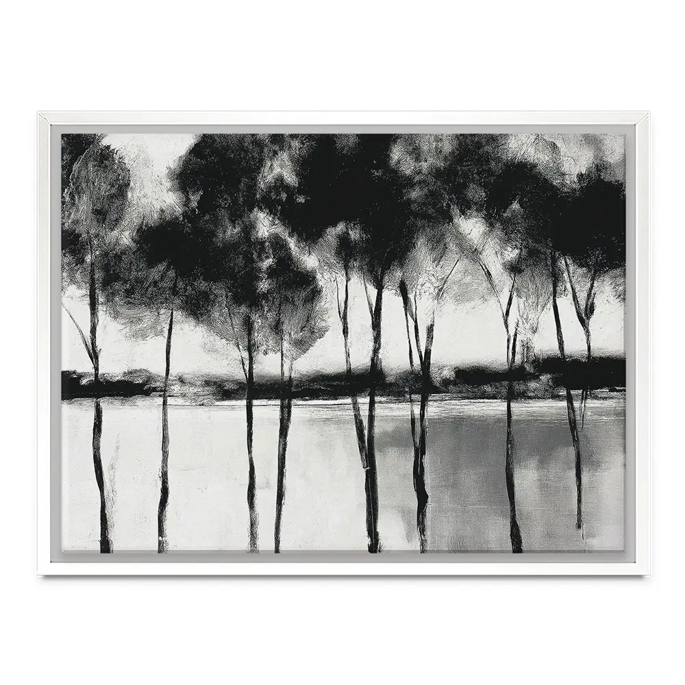 Misty Lakeside Trees Canvas Print Misty Lakeside Trees Canvas Print wall art product Chromatic Storm Studio