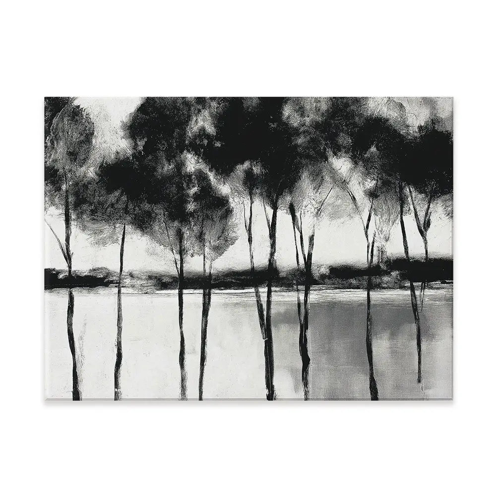 Misty Lakeside Trees Canvas Print Misty Lakeside Trees Canvas Print wall art product Chromatic Storm Studio