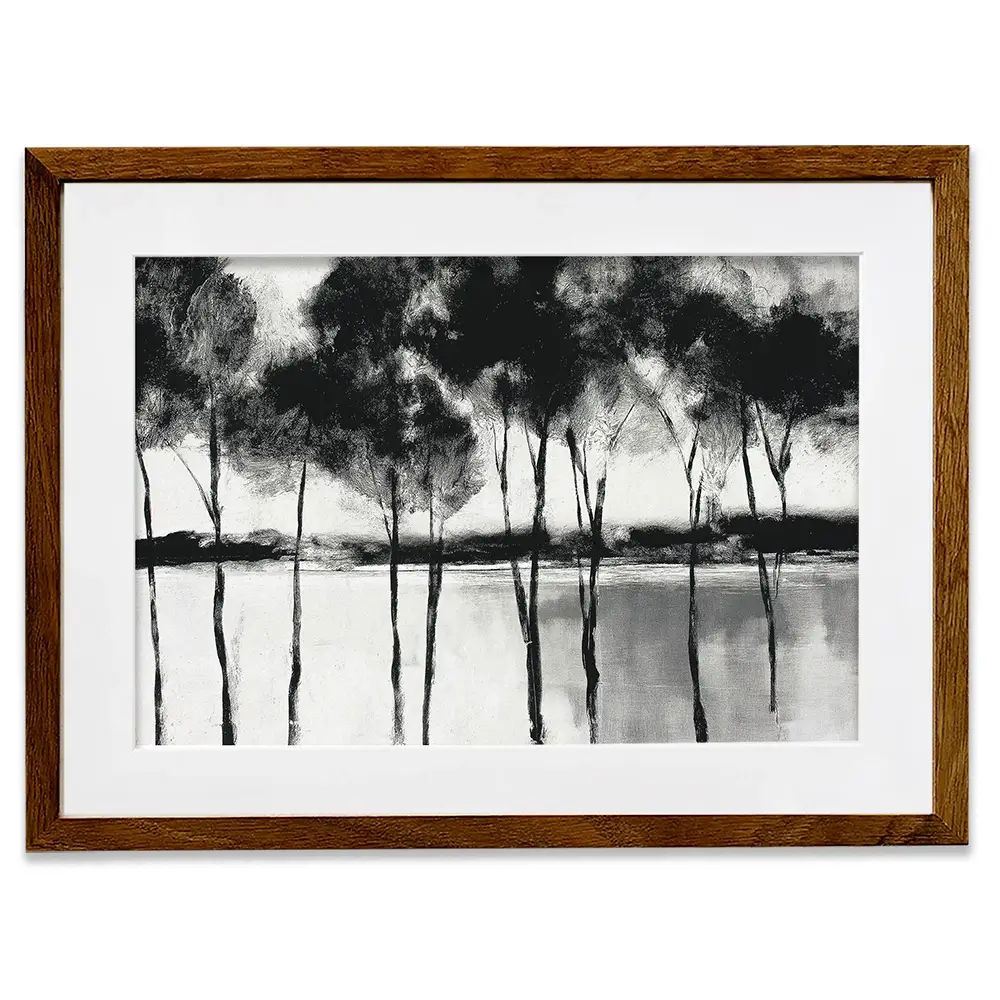 Misty Lakeside Trees Framed Art Print Misty Lakeside Trees Framed Art Print wall art product Chromatic Storm Studio