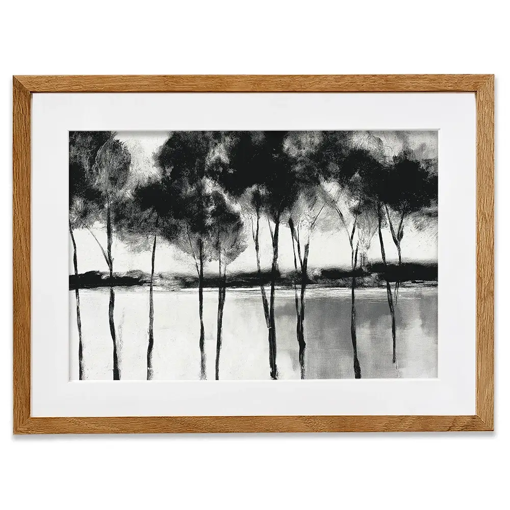 Misty Lakeside Trees Framed Art Print Misty Lakeside Trees Framed Art Print wall art product Chromatic Storm Studio