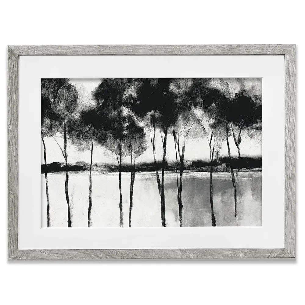 Misty Lakeside Trees Framed Art Print Misty Lakeside Trees Framed Art Print wall art product Chromatic Storm Studio