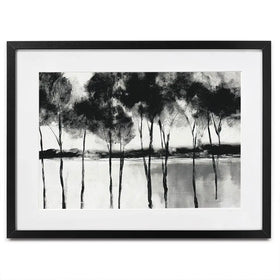 Misty Lakeside Trees Framed Art Print Misty Lakeside Trees Framed Art Print wall art product Chromatic Storm Studio