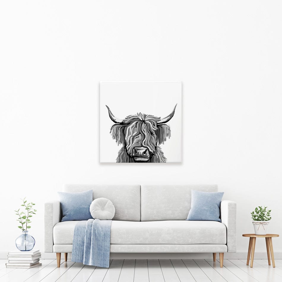 Monochrome Highland Cow Square Canvas Print wall art product Independent