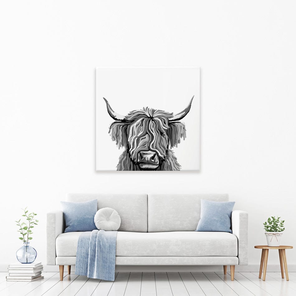 Monochrome Highland Cow Square Canvas Print wall art product Independent