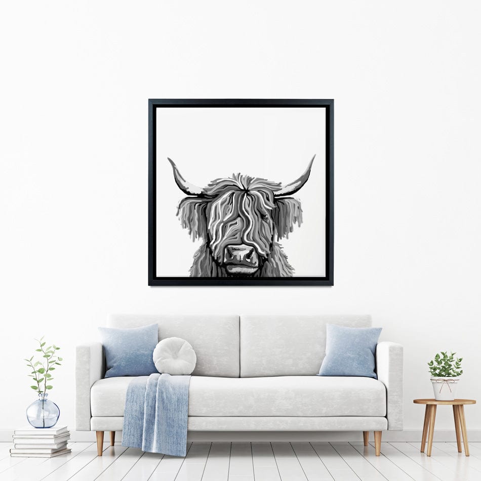 Monochrome Highland Cow Square Canvas Print wall art product Independent