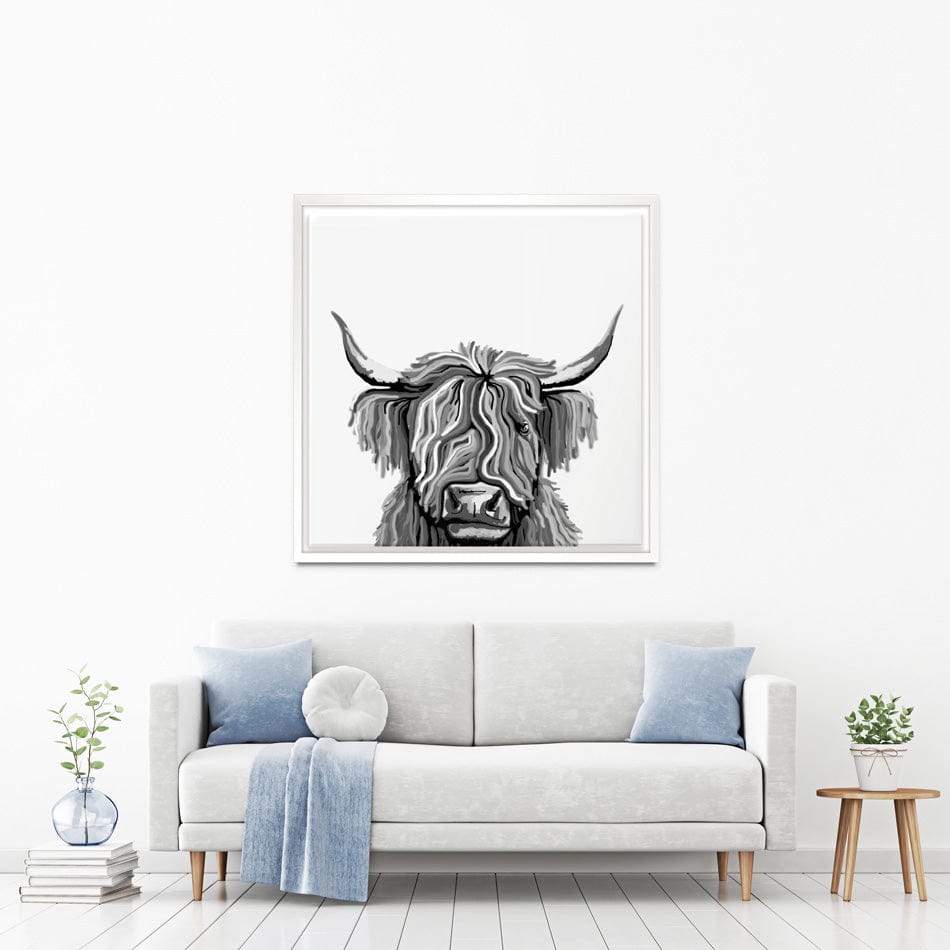 Monochrome Highland Cow Square Canvas Print wall art product Independent