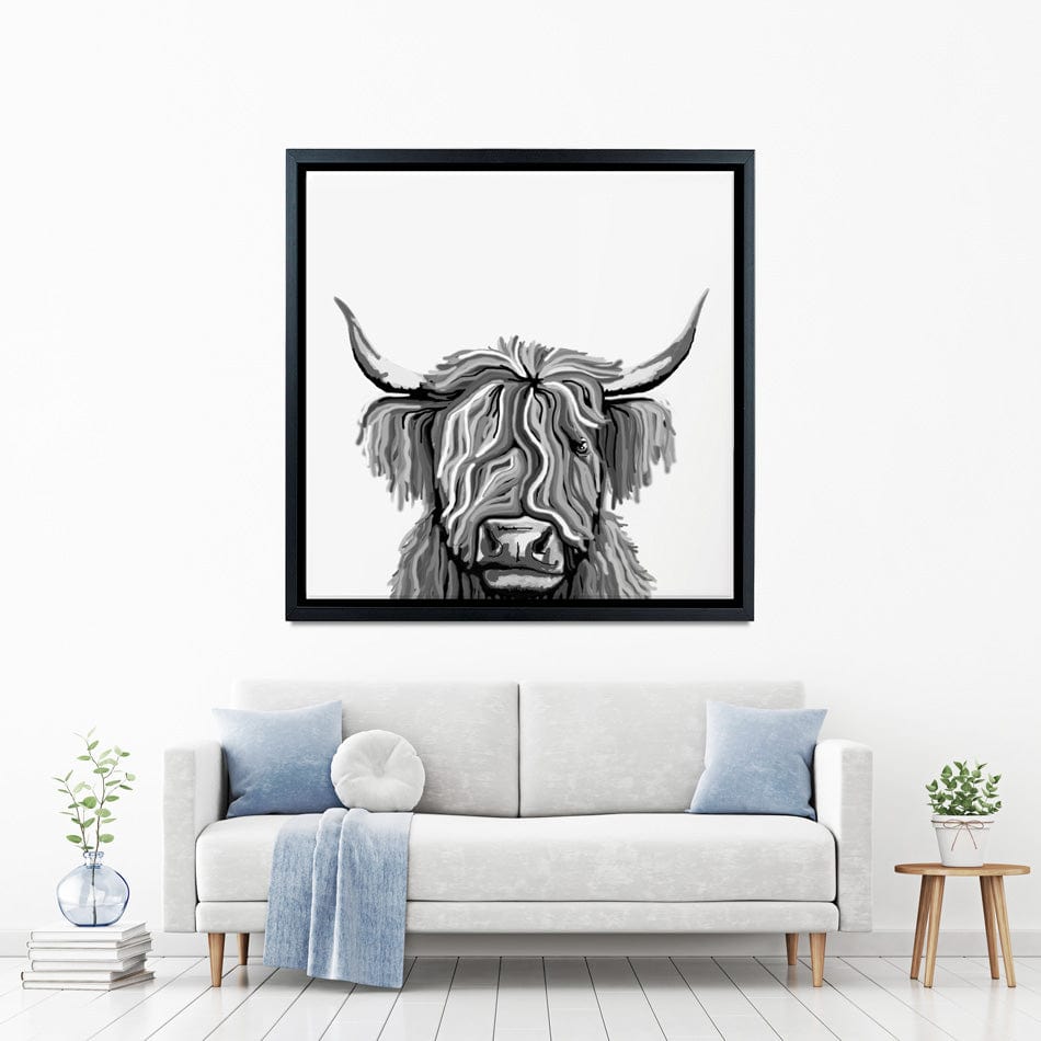 Monochrome Highland Cow Square Canvas Print wall art product Independent